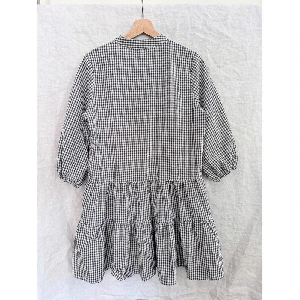 Petal + Pup Mini Dress Women Black White Gingham Tiered Button Small Medium